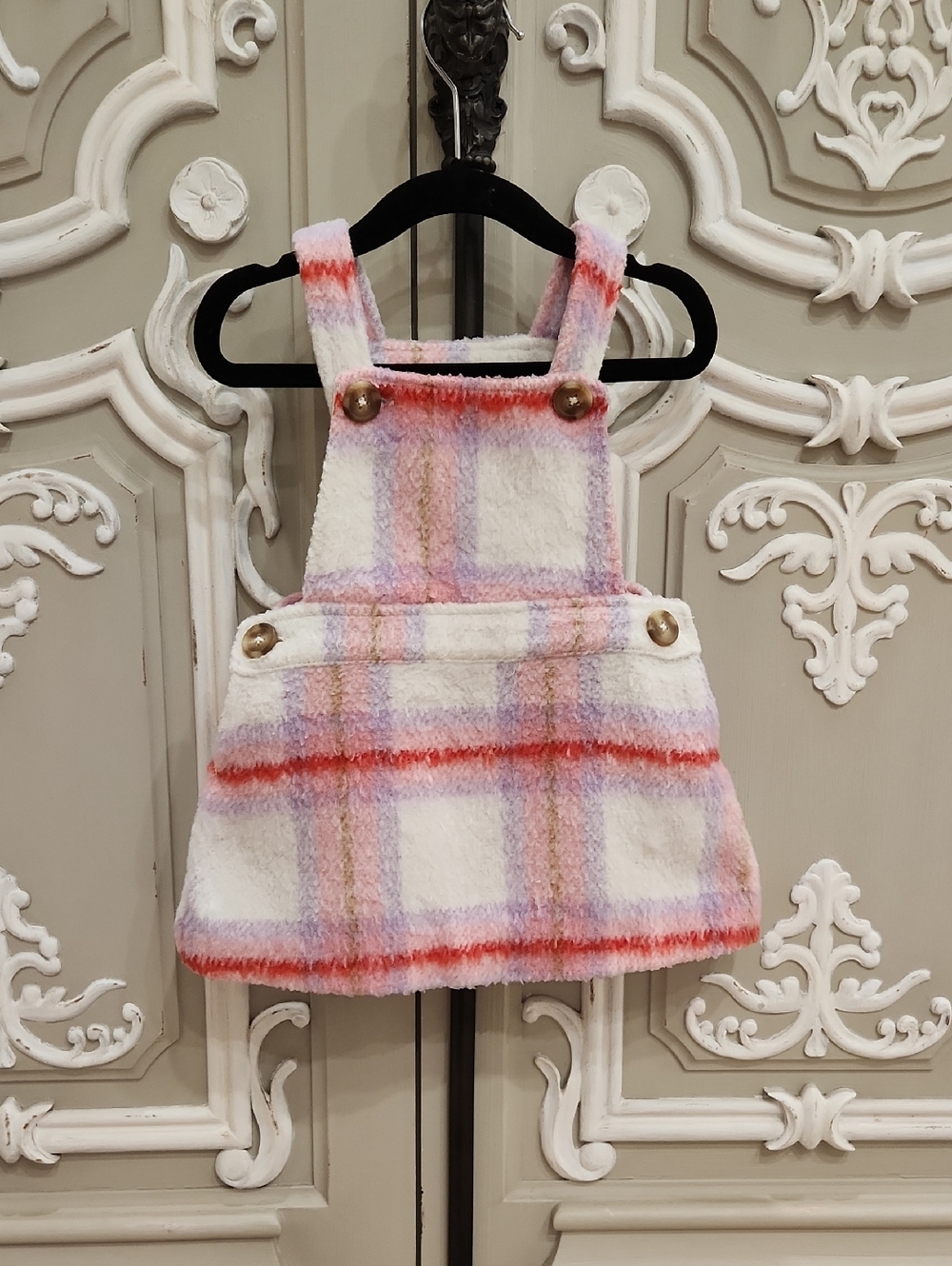Seed Heriatge Girl Plaid Fuzzy Pinafore Dress in White with Pink & Red Size 2